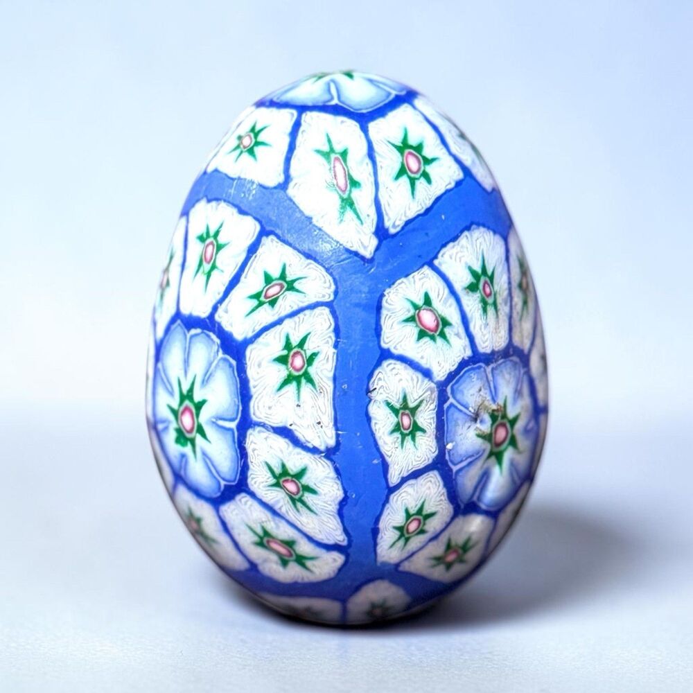 Vintage 90s Psychedelic Millefiori Oval Glow Candle Blue Floral Wax 4”